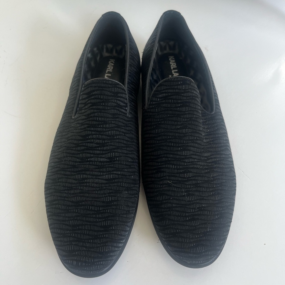 Karl Lagerfield Paris RARE slip on Smoking Slipper Loafer Leather Black Shimmer